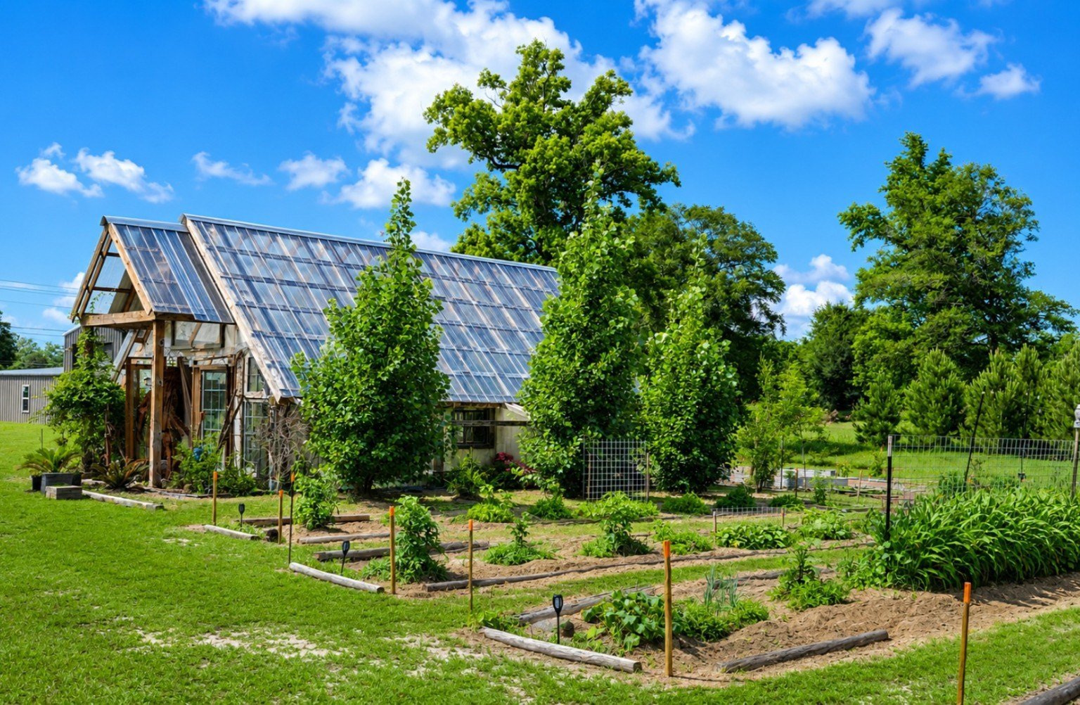 The greenhouse and garden beds on a summer day
